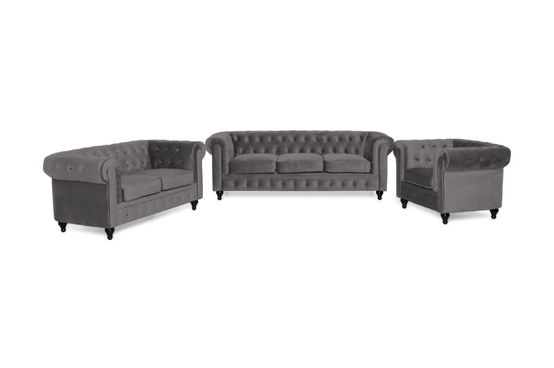 Chesterfield Lyx Soffgrupp 3+2+1 i Sammet - Mörkgrå - Möbler - Soffa - Soffgrupp - Soffgrupp 3 2 1