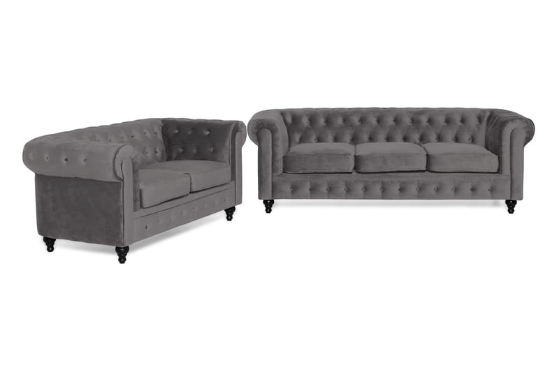 Chesterfield Lyx Soffgrupp 3+2 i Sammet - Mörkgrå - Möbler - Soffa - Soffgrupp - Chesterfield soffgrupp