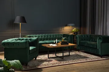 Chesterfield Lyx Soffgrupp 2-sits+Fåtölj Sammet - Mörkgrön - Möbler - Soffa - Soffgrupp - Chesterfield soffgrupp