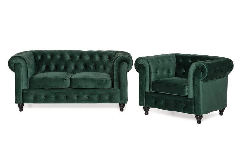 Chesterfield Lyx Soffgrupp 2-sits+Fåtölj Sammet - Mörkgrön - Möbler - Soffa - Soffgrupp - Chesterfield soffgrupp