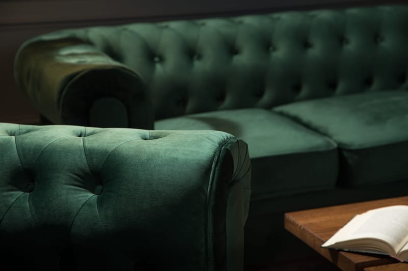 Chesterfield Lyx Soffgrupp 2-sits+Fåtölj Sammet - Mörkgrön - Möbler - Soffa - Soffgrupp - Chesterfield soffgrupp