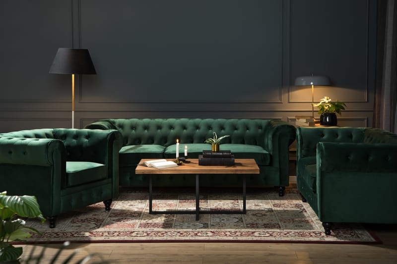 Chesterfield Lyx Soffgrupp 2-sits+Fåtölj Sammet - Mörkgrön - Möbler - Soffa - Soffgrupp - Chesterfield soffgrupp