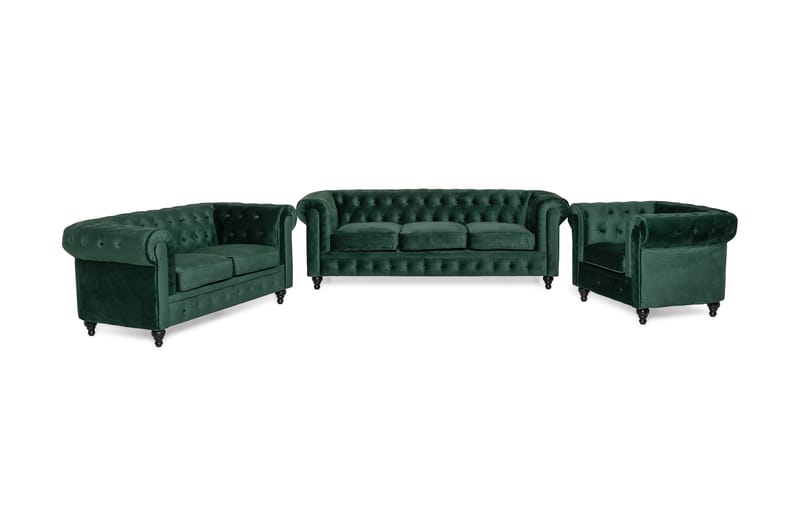 Chesterfield Lyx Soffgrupp 3+2+1 i Sammet - Mörkgrön - Möbler - Soffa - Soffgrupp - Soffgrupp 3 2 1