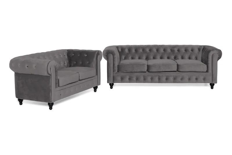 Chesterfield Lyx Soffgrupp 3+2 i Sammet, Mörkgrå