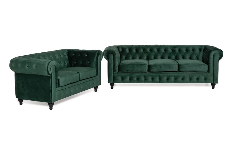 Chesterfield Lyx Soffgrupp 3+2 i Sammet - Mörkgrön - Möbler - Soffa - Soffgrupp - Chesterfield soffgrupp