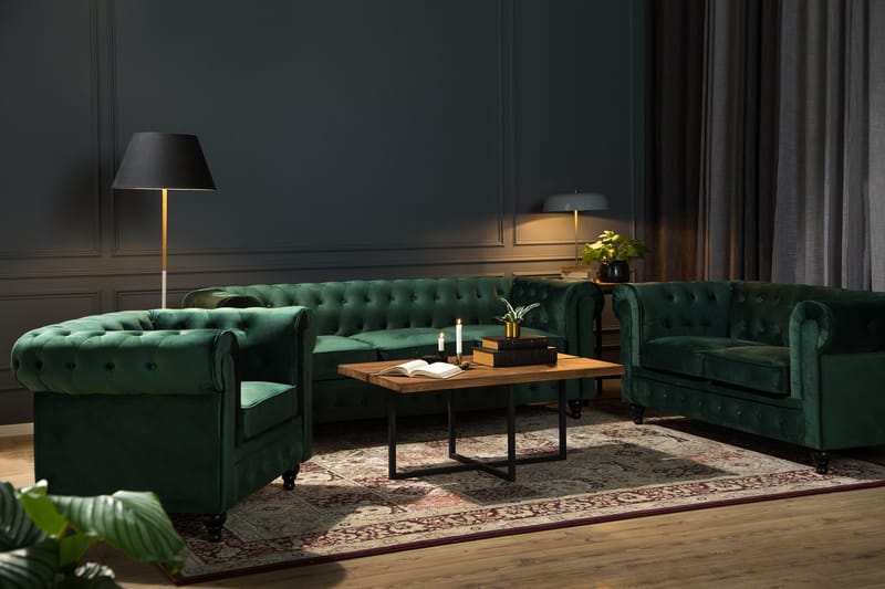Chesterfield Lyx Soffgrupp 3+2 i Sammet - Mörkgrön - Möbler - Soffa - Soffgrupp - Chesterfield soffgrupp