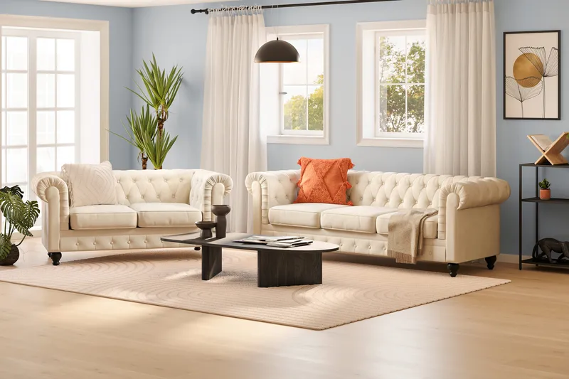 Chesterfield Lyx Soffgrupp 3-sits + 2-sits - Beige - Möbler - Soffa - Soffgrupp - Chesterfield soffgrupp