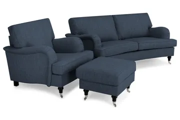 Howard Classic Soffgrupp 2-sits Svägd Soffa + Fåtölj + Fotpall i Tyg - Blå - Möbler - Soffa - Soffgrupp - Chesterfield soffgrupp