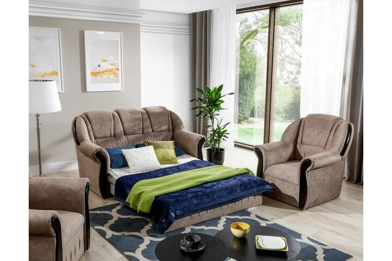 Fica Soffgrupp Bäddsoffa + 2 Fåtöljer - Läder/Ljusbrun - Möbler - Soffa - Soffgrupp