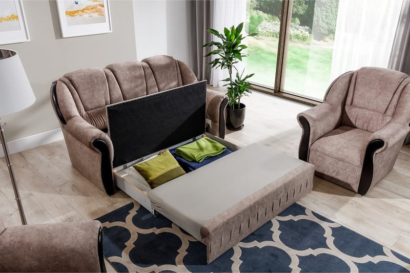 Fica Soffgrupp Bäddsoffa + 2 Fåtöljer - Läder/Ljusbrun - Möbler - Soffa - Soffgrupp