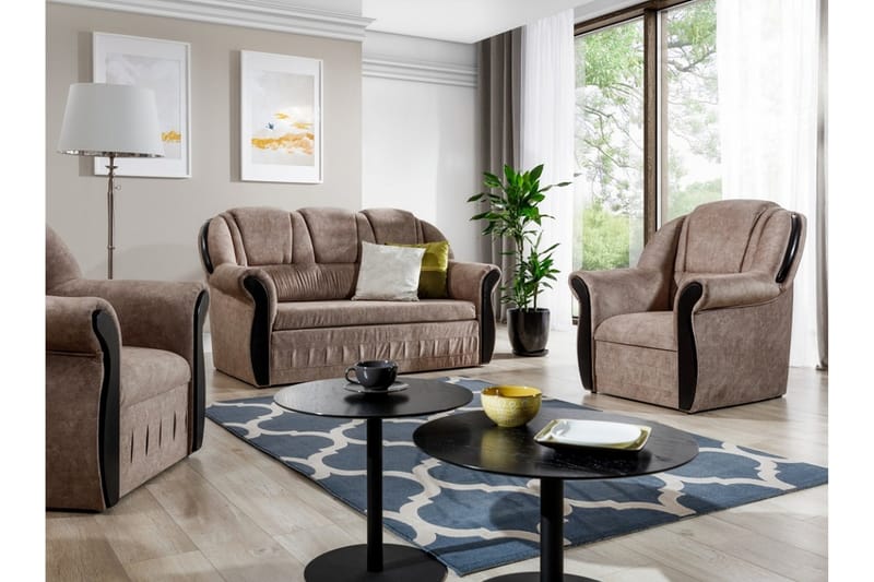 Fica Soffgrupp Bäddsoffa + 2 Fåtöljer - Läder/Ljusbrun - Möbler - Soffa - Soffgrupp