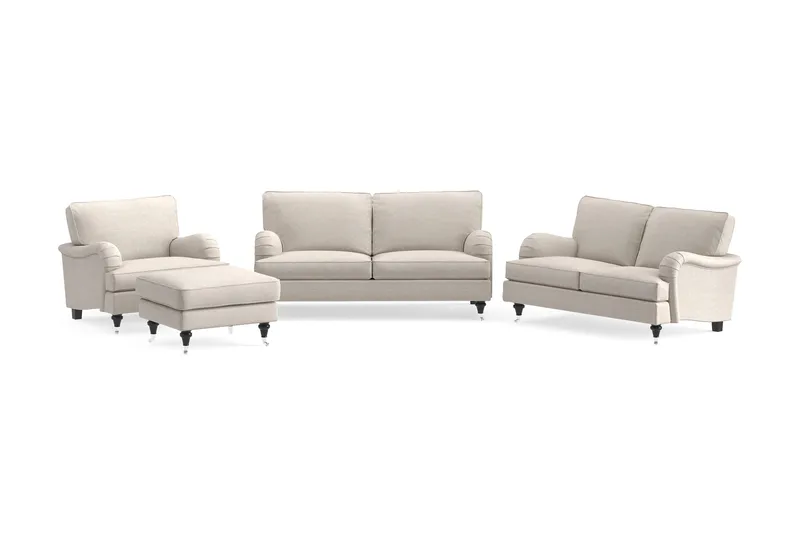 Howard Classic Soffgrupp 2-sits + Liten 2-sits Soffa + Fåtölj + Fotpall i Tyg, Beige