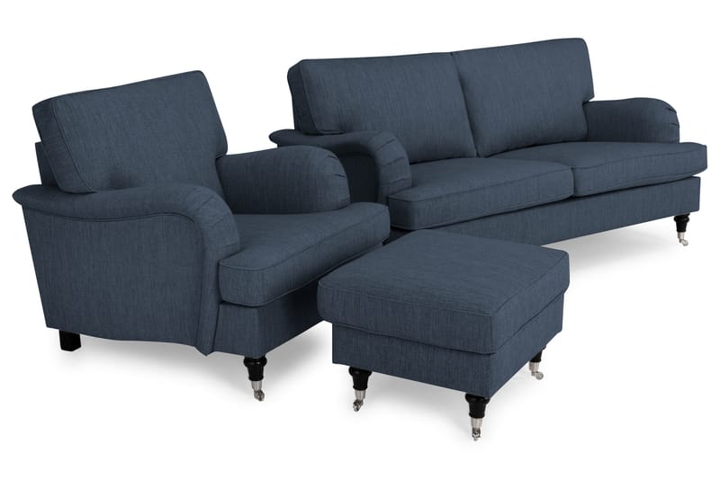 Howard Classic Soffgrupp 2-sits Soffa + Fåtölj + Fotpall i Tyg - Blå - Möbler - Soffa - Soffgrupp - Chesterfield soffgrupp