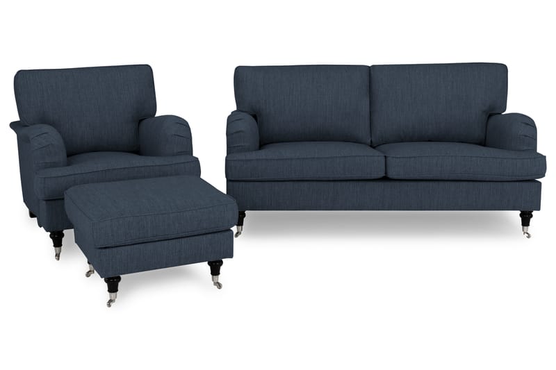 Howard Classic Soffgrupp 2-sits Soffa + Fåtölj + Fotpall i Tyg - Blå - Möbler - Soffa - Soffgrupp - Chesterfield soffgrupp