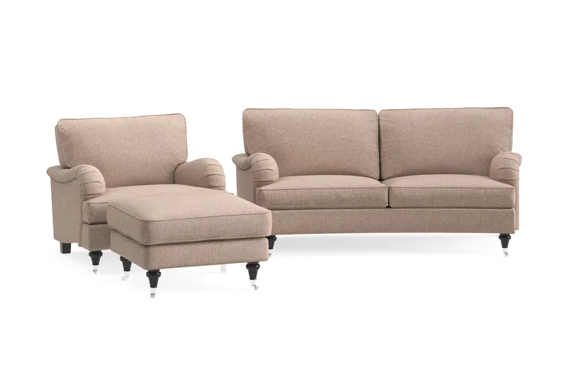 Howard Classic Soffgrupp 2-sits Svängd Soffa + Fåtölj + Fotpall i Tyg, Mörkbeige