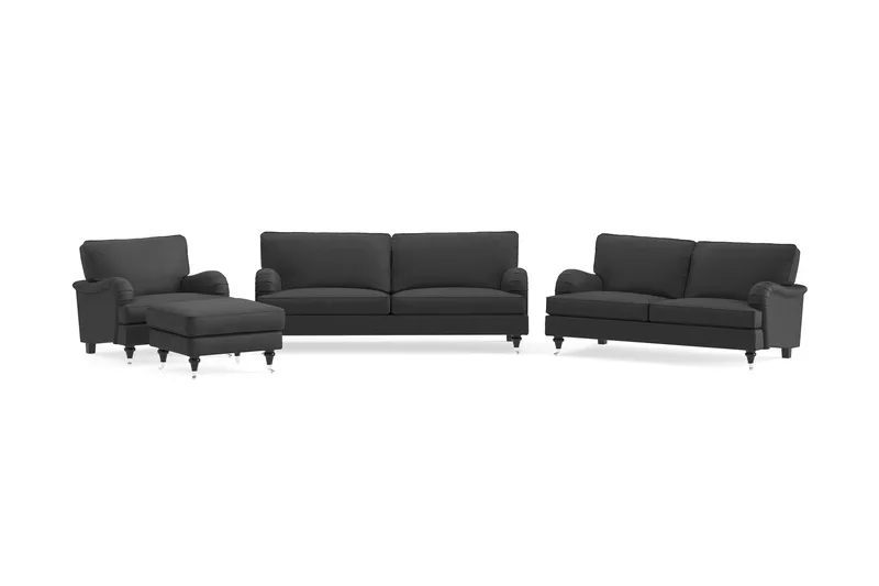 Howard Classic Soffgrupp 3-sits + 2-sits Soffa + Fåtölj + Fotpall i Tyg, Mörkgrå