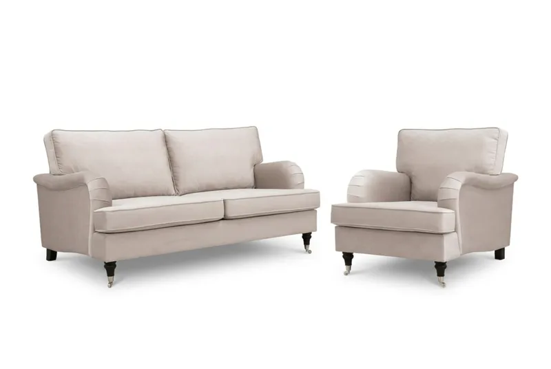 Howard Classic Soffgrupp 3-Sits Soffa och Fåtölj i Sammet - Beige - Möbler - Soffa - Soffgrupp - Howard soffgrupp