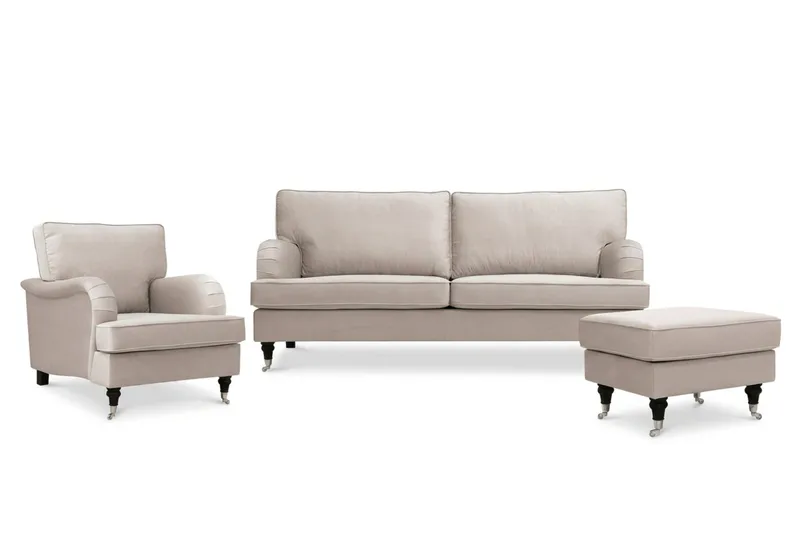 Howard Classic Soffgrupp 3-Sits Soffa och Fåtölj samt Fotpall i Sammet, Beige