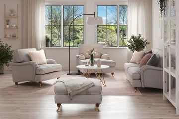 Howard Lyx Soffgrupp 3-sits Soffa + Divanfåtölj + Fåtölj + Fotpall i Tyg - Ljusgrå - Möbler - Soffa - Soffgrupp - Howard soffgrupp