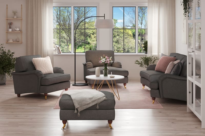 Howard Lyx Soffgrupp 3-sits Svägd Soffa + Divanfåtölj + Fåtölj + Fotpall i Tyg - Mörkgrå - Möbler - Soffa - Soffgrupp - Howard soffgrupp