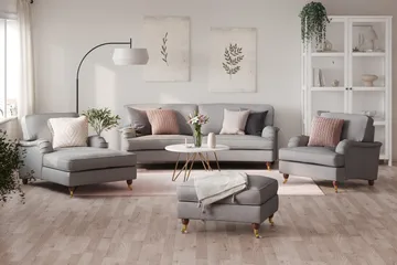 Howard Lyx Soffgrupp 3-sits Svängd Soffa + Divanfåtölj + Fåtölj + Fotpall i Tyg - Ljusgrå - Möbler - Soffa - Soffgrupp - Howard soffgrupp