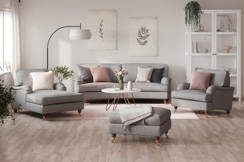 Howard Lyx Soffgrupp 3-sits Svängd Soffa + Divanfåtölj + Fåtölj + Fotpall i Tyg - Ljusgrå - Möbler - Soffa - Soffgrupp - Howard soffgrupp