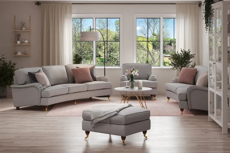 Howard Lyx Soffgrupp 4-sits + 3-sits Svängd Soffa + Fåtölj + Fotpall i Tyg - Ljusgrå - Möbler - Soffa - Soffgrupp - Howard soffgrupp