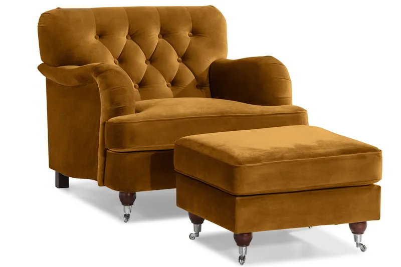 Howard Riviera Soffgrupp 3-sits + 2-sits Soffa + Fåtölj + Fotpall i Sammet - Mörkgul - Möbler - Soffa - Soffgrupp - Howard soffgrupp