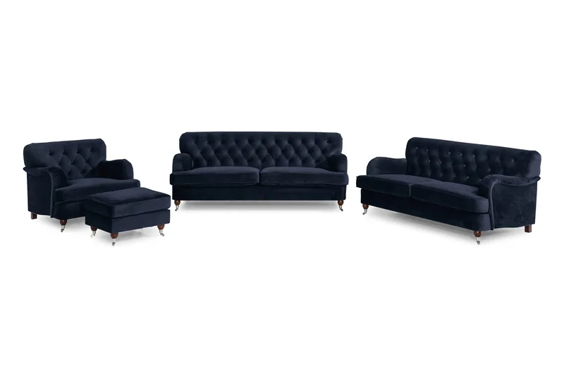 Howard Riviera Soffgrupp 3-sits + 2-sits Soffa + Fåtölj + Fotpall i Sammet - Blå - Möbler - Soffa - Soffgrupp - Howard soffgrupp
