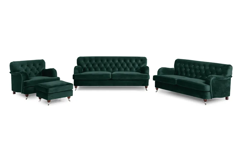 Howard Riviera Soffgrupp 3-sits + 2-sits Soffa + Fåtölj + Fotpall i Sammet - Grön - Möbler - Soffa - Soffgrupp - Howard soffgrupp