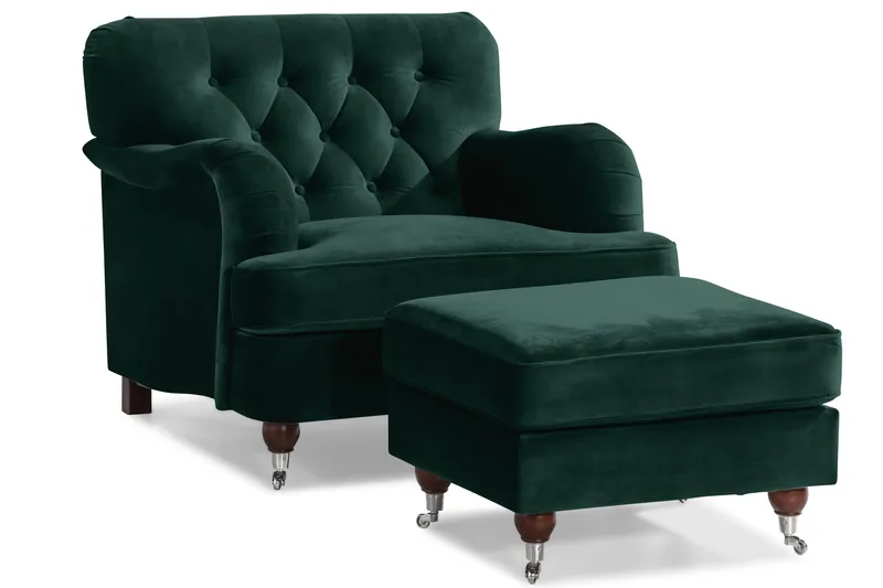 Howard Riviera Soffgrupp 3-sits + 2-sits Soffa + Fåtölj + Fotpall i Sammet - Grön - Möbler - Soffa - Soffgrupp - Howard soffgrupp