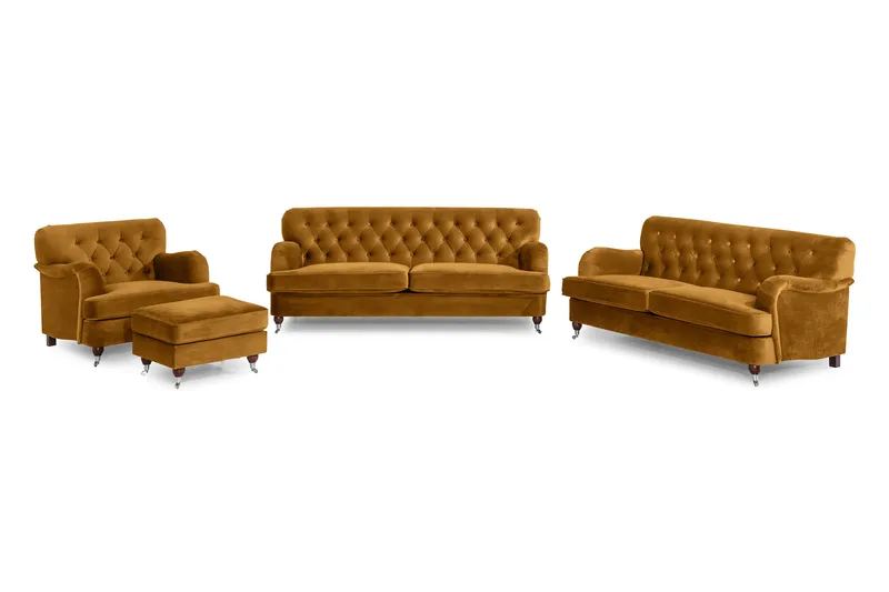 Howard Riviera Soffgrupp 3-sits + 2-sits Soffa + Fåtölj + Fotpall i Sammet - Mörkgul - Möbler - Soffa - Soffgrupp - Howard soffgrupp