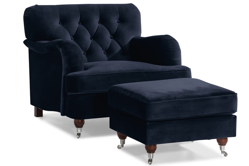 Howard Riviera Soffgrupp Svängd 3-sits + 2-sits Soffa + Fåtölj + Fotpall i Sammet - Blå - Möbler - Soffa - Soffgrupp - Howard soffgrupp