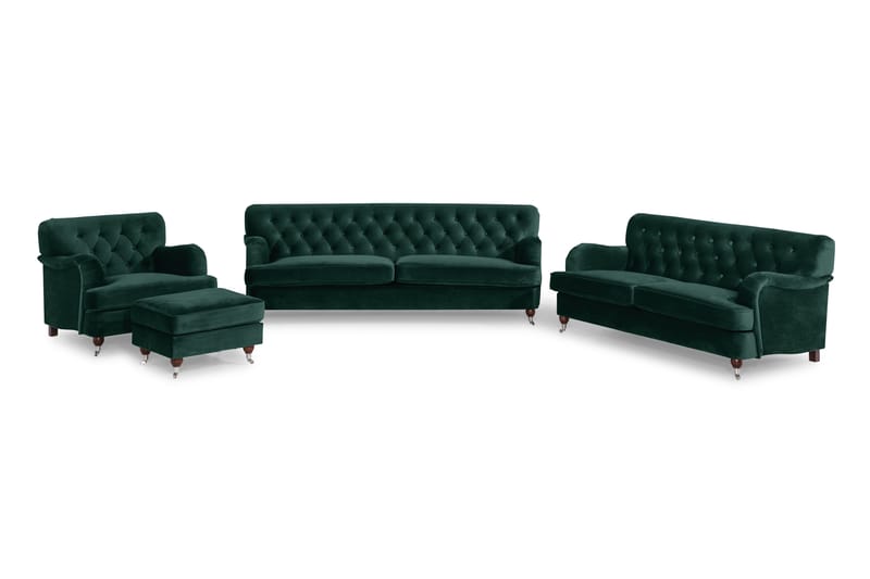 Howard Riviera Soffgrupp Svängd 3-sits + 2-sits Soffa + Fåtölj + Fotpall i Sammet - Grön - Möbler - Soffa - Soffgrupp - Howard soffgrupp