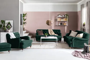 Howard Riviera Soffgrupp Svängd 3-sits + 2-sits Soffa + Fåtölj + Fotpall i Sammet - Grön - Möbler - Soffa - Soffgrupp - Howard soffgrupp