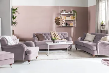 Howard Riviera Soffgrupp Svängd 3-sits + 2-sits Soffa + Fåtölj + Fotpall i Sammet - Lila - Möbler - Soffa - Soffgrupp - Howard soffgrupp