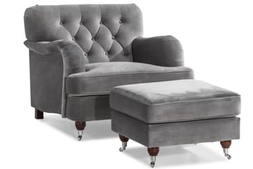 Howard Riviera Soffgrupp Svängd 3-sits + 2-sits Soffa + Fåtölj + Fotpall i Sammet - Ljusgrå - Möbler - Soffa - Soffgrupp - Howard soffgrupp