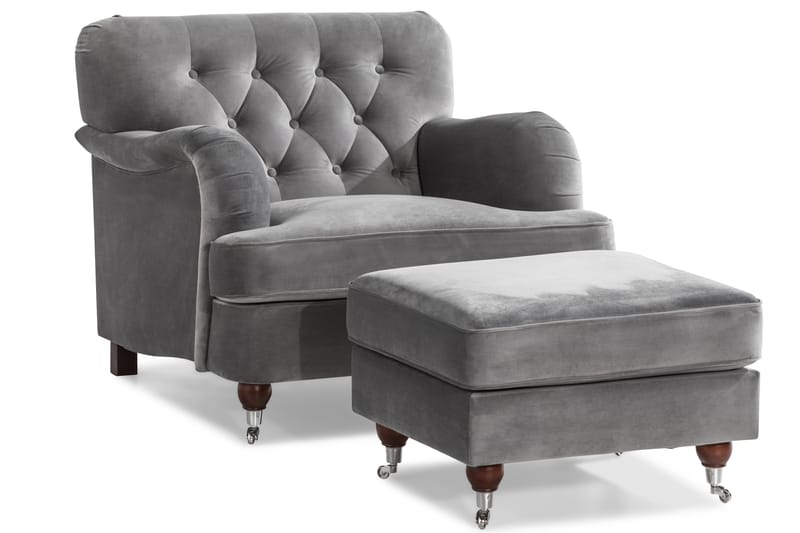 Howard Riviera Soffgrupp Svängd 3-sits + 2-sits Soffa + Fåtölj + Fotpall i Sammet - Ljusgrå - Möbler - Soffa - Soffgrupp - Howard soffgrupp