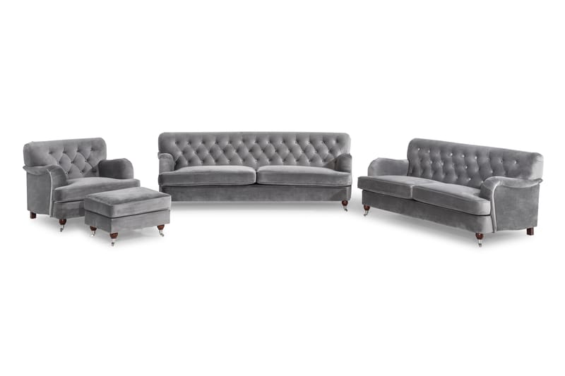 Howard Riviera Soffgrupp Svängd 3-sits + 2-sits Soffa + Fåtölj + Fotpall i Sammet - Ljusgrå - Möbler - Soffa - Soffgrupp - Howard soffgrupp