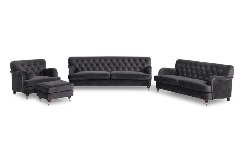 Howard Riviera Soffgrupp Svängd 3-sits + 2-sits Soffa + Fåtölj + Fotpall i Sammet - Mörkgrå - Möbler - Soffa - Soffgrupp - Howard soffgrupp
