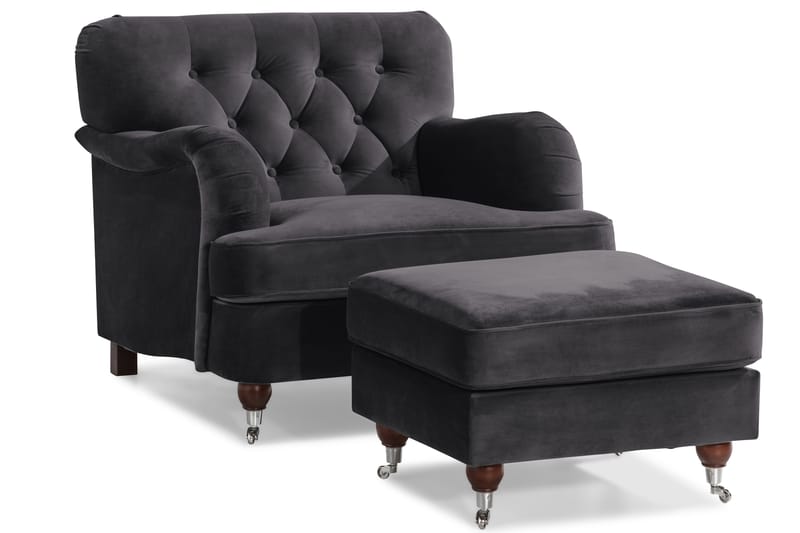 Howard Riviera Soffgrupp Svängd 3-sits + 2-sits Soffa + Fåtölj + Fotpall i Sammet - Mörkgrå - Möbler - Soffa - Soffgrupp - Howard soffgrupp