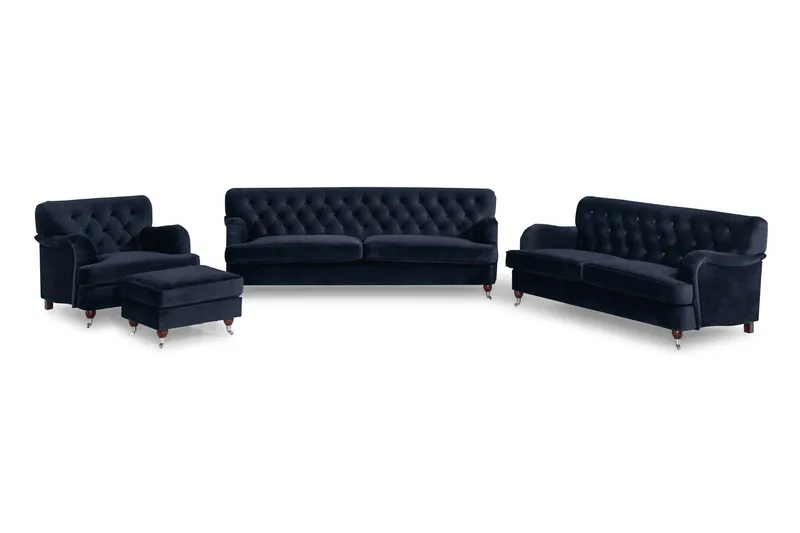 Howard Riviera Soffgrupp Svängd 3-sits + 2-sits Soffa + Fåtölj + Fotpall i Sammet - Blå - Möbler - Soffa - Soffgrupp - Howard soffgrupp
