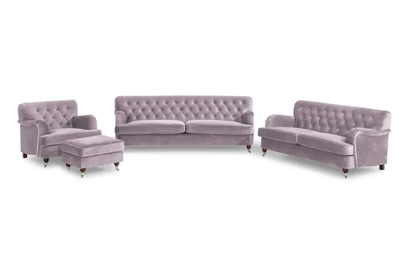 Howard Riviera Soffgrupp Svängd 3-sits + 2-sits Soffa + Fåtölj + Fotpall i Sammet - Lila - Möbler - Soffa - Soffgrupp - Howard soffgrupp