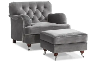 Howard Riviera Soffgrupp Svängd 3-sits + 2-sits Soffa + Fåtölj + Fotpall i Sammet - Ljusgrå - Möbler - Soffa - Soffgrupp - Howard soffgrupp