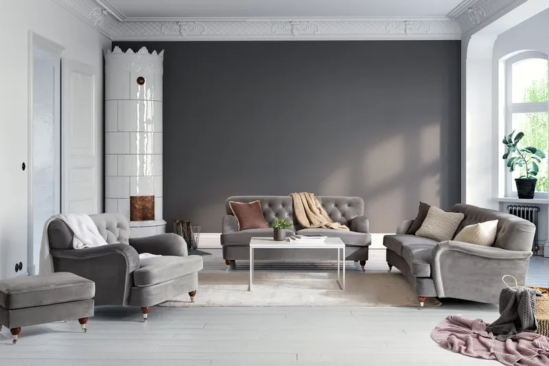 Howard Riviera Soffgrupp Svängd 3-sits + 2-sits Soffa + Fåtölj + Fotpall i Sammet - Ljusgrå - Möbler - Soffa - Soffgrupp - Howard soffgrupp
