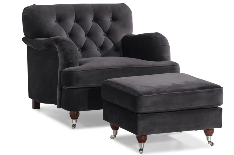Howard Riviera Soffgrupp Svängd 3-sits + 2-sits Soffa + Fåtölj + Fotpall i Sammet - Mörkgrå - Möbler - Soffa - Soffgrupp - Howard soffgrupp