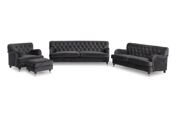 Howard Riviera Soffgrupp Svängd 3-sits + 2-sits Soffa + Fåtölj + Fotpall i Sammet - Mörkgrå - Möbler - Soffa - Soffgrupp - Howard soffgrupp