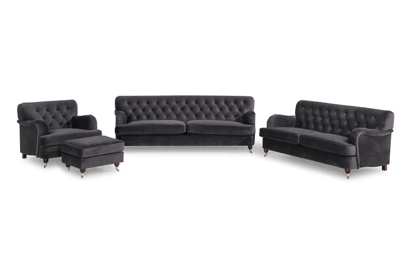 Howard Riviera Soffgrupp Svängd 3-sits + 2-sits Soffa + Fåtölj + Fotpall i Sammet - Mörkgrå - Möbler - Soffa - Soffgrupp - Howard soffgrupp