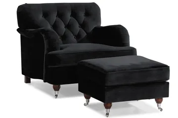 Howard Riviera Soffgrupp Svängd 3-sits + 2-sits Soffa + Fåtölj + Fotpall i Sammet - Svart - Möbler - Soffa - Soffgrupp - Howard soffgrupp