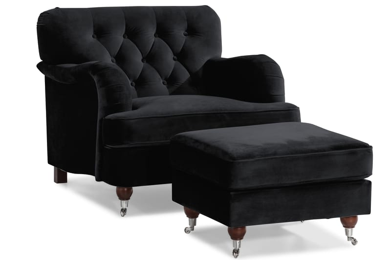 Howard Riviera Soffgrupp Svängd 3-sits + 2-sits Soffa + Fåtölj + Fotpall i Sammet - Svart - Möbler - Soffa - Soffgrupp - Howard soffgrupp